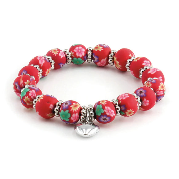 Clay Bead Kids Bracelet with Heart Charm: Red Floral